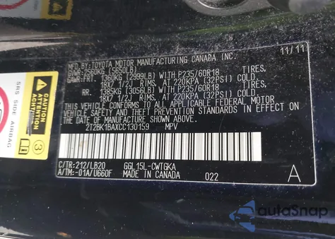 2012 Lexus Rx 350 from USA, damaged, VIN 2T2BK1BAXCC130159